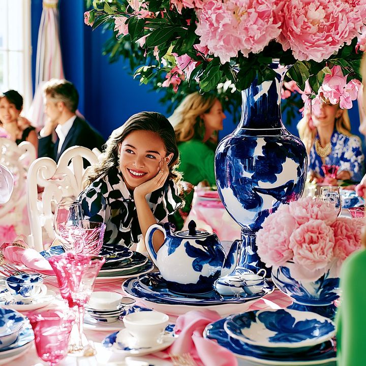 Guests celebrating a milestone birthday at a table set with blue-and-white porcelain and peonies