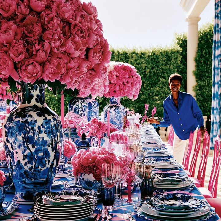 A host welcoming guests to a dinner table lavishly arranged with pink roses