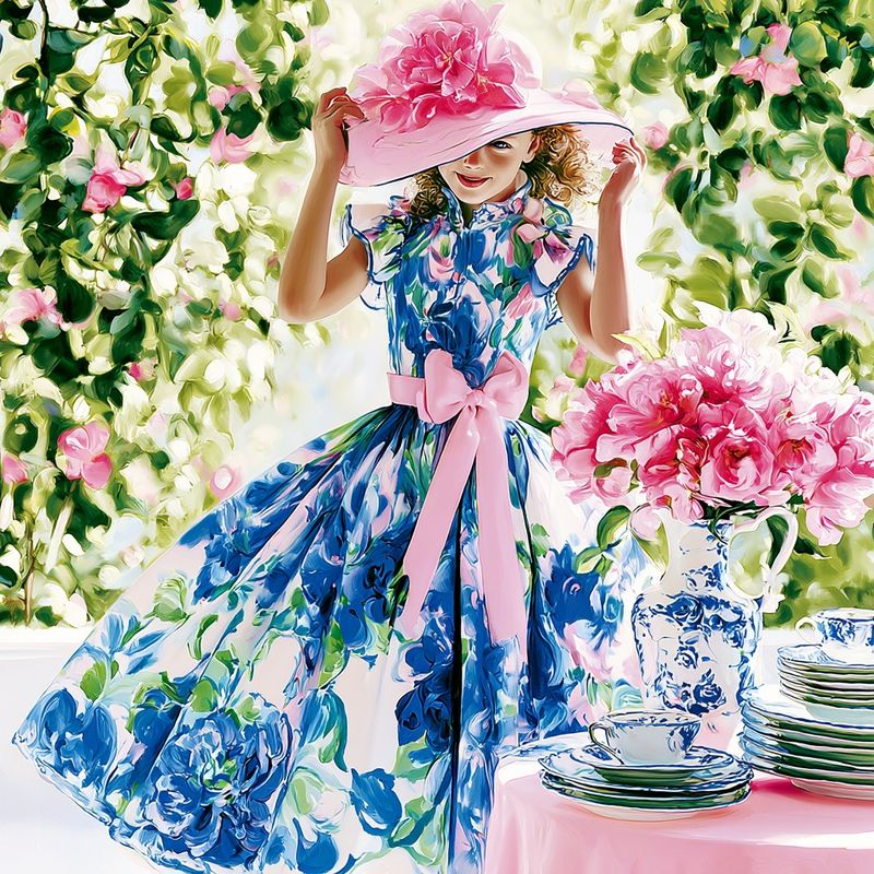 A young girl in a pink dress and sun hat sipping tea at a children's etiquette tea party